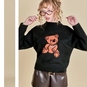 Vici Lavish Teddy Bear Sweater‎ S Black Preppy Rhinestones Girly Quirky Cozy